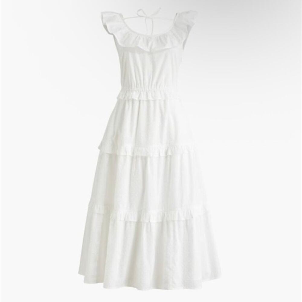 J. Crew Sz 6 White Swiss Dot Printed Ruffle Tiered Midi Dress w Tie Back BZ797